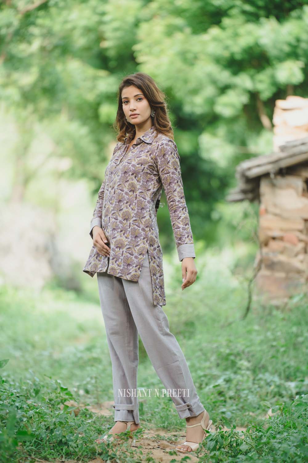 Mauve - Steel Grey Print Shirt with Pants