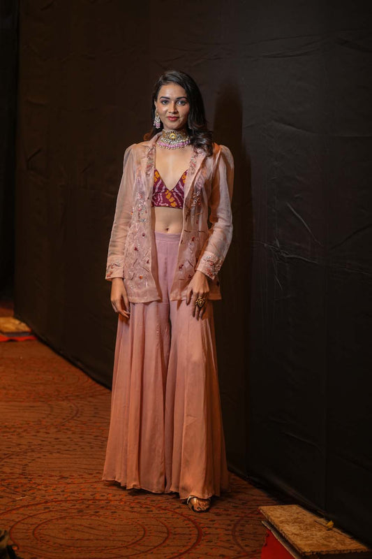 Baniya - Rose Gold Jacket with Garara and Bralette Set