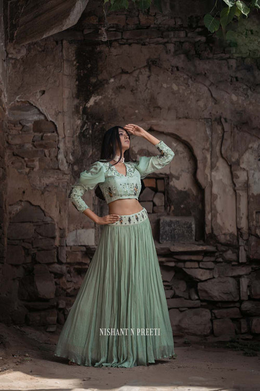 Jharokha - Powder Green Ghrara Set With Choker Dupatta