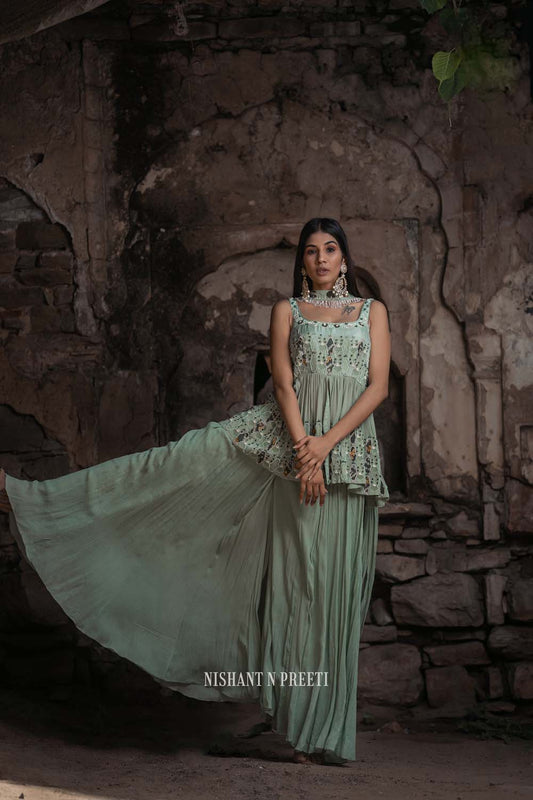 Dareecha - Green Paplum Ghrara Set with Chocker Dupatta