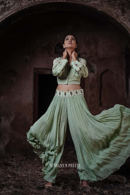 Sanvaatak - Green Gharara Embroidred Crop Shirt & Ghrara Pant