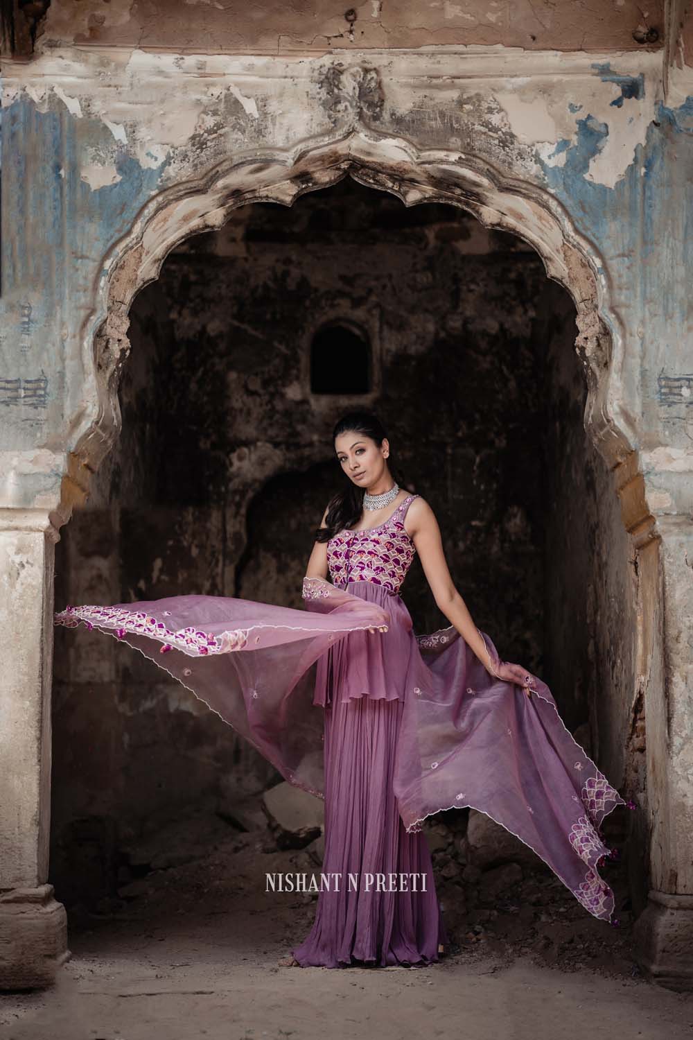 Shafari - Designer Mauve Peplum Top With Gharara And Dupatta Set