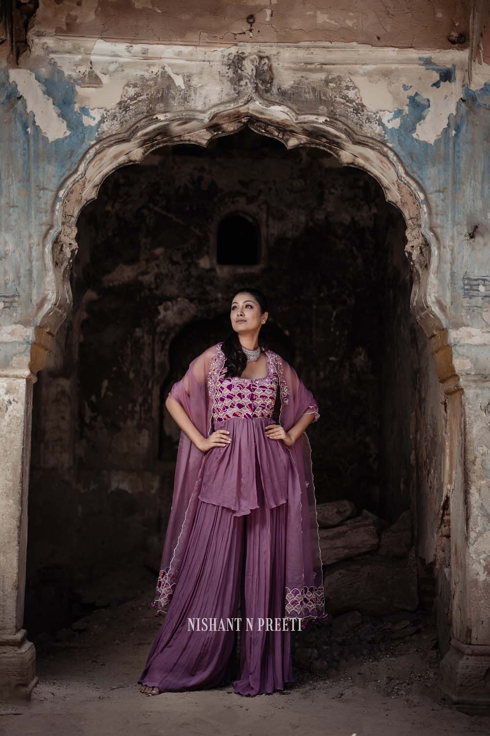Shafari - Designer Mauve Peplum Top With Gharara And Dupatta Set