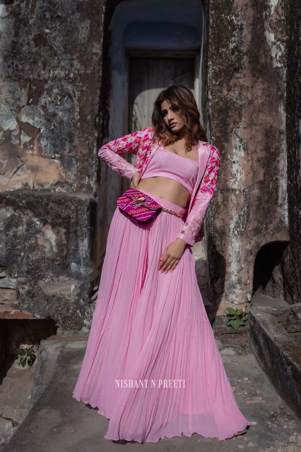 Netr - Rose Pink Jacket Paired With Bralette And Lehenga