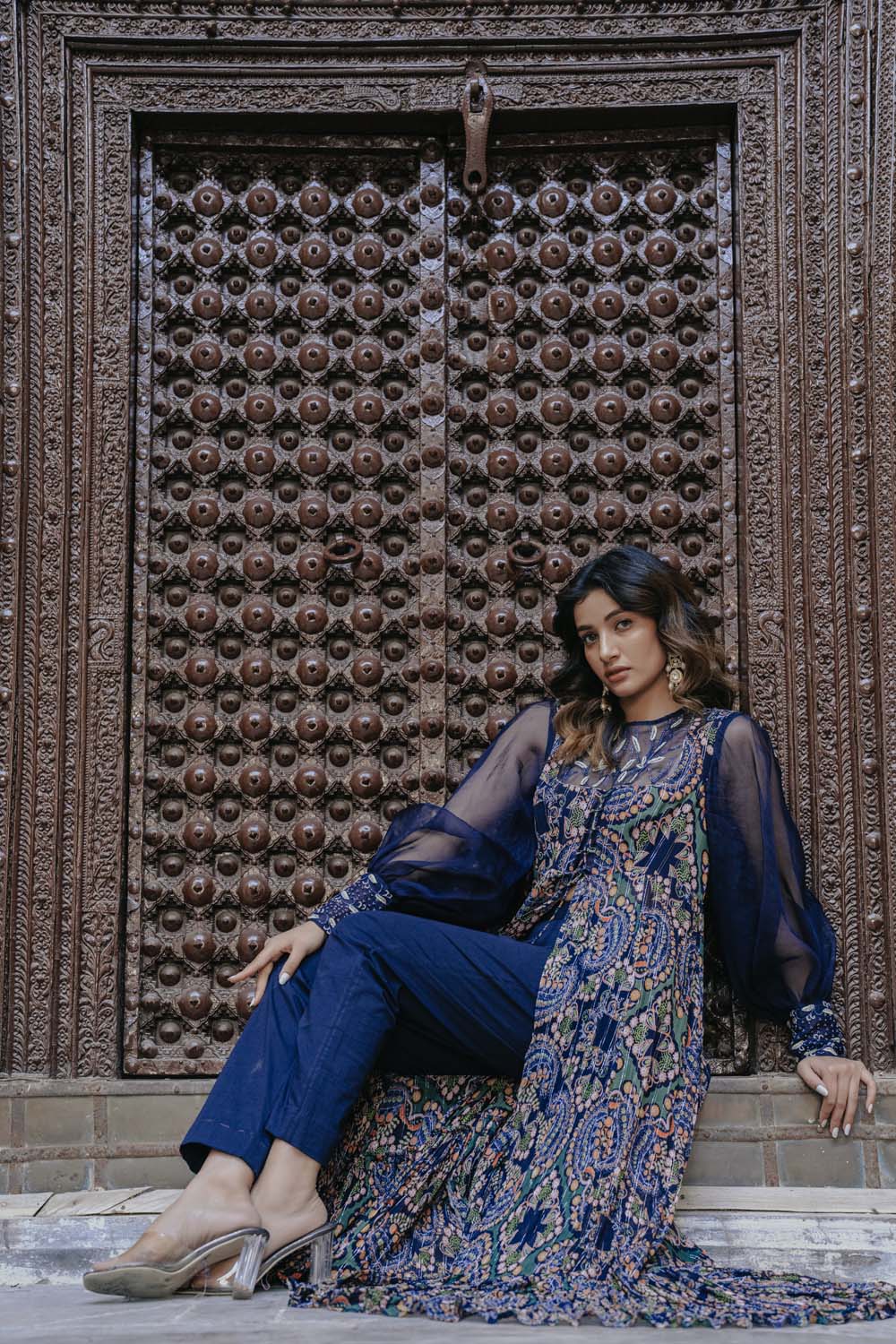 Aakashi - Blue Organza Puffy Sleeves Anarkali Suit for Women