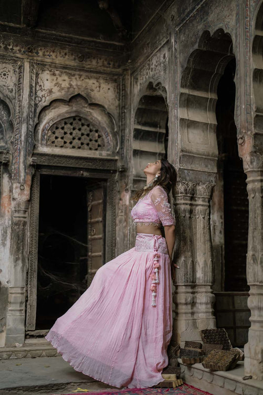 Damvri - Babypink Lahenga with Bralette and Dupatta Set