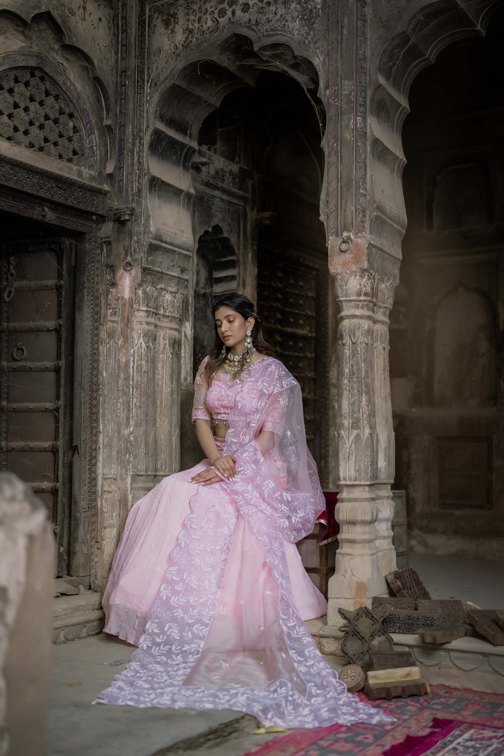 Damvri - Babypink Lahenga with Bralette and Dupatta Set