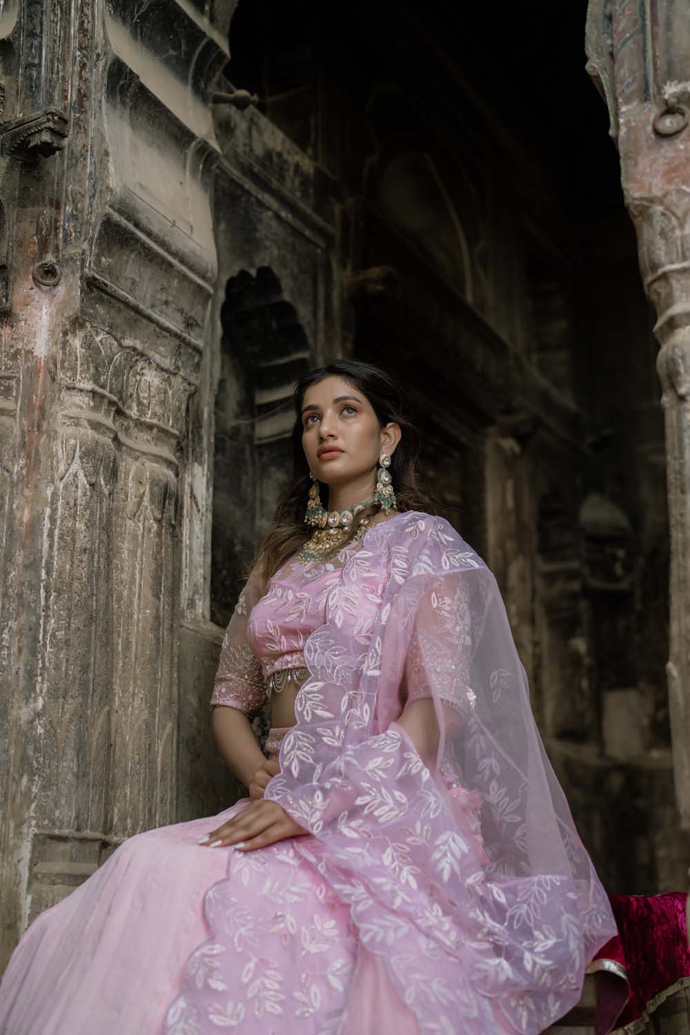 Damvri - Babypink Lahenga with Bralette and Dupatta Set