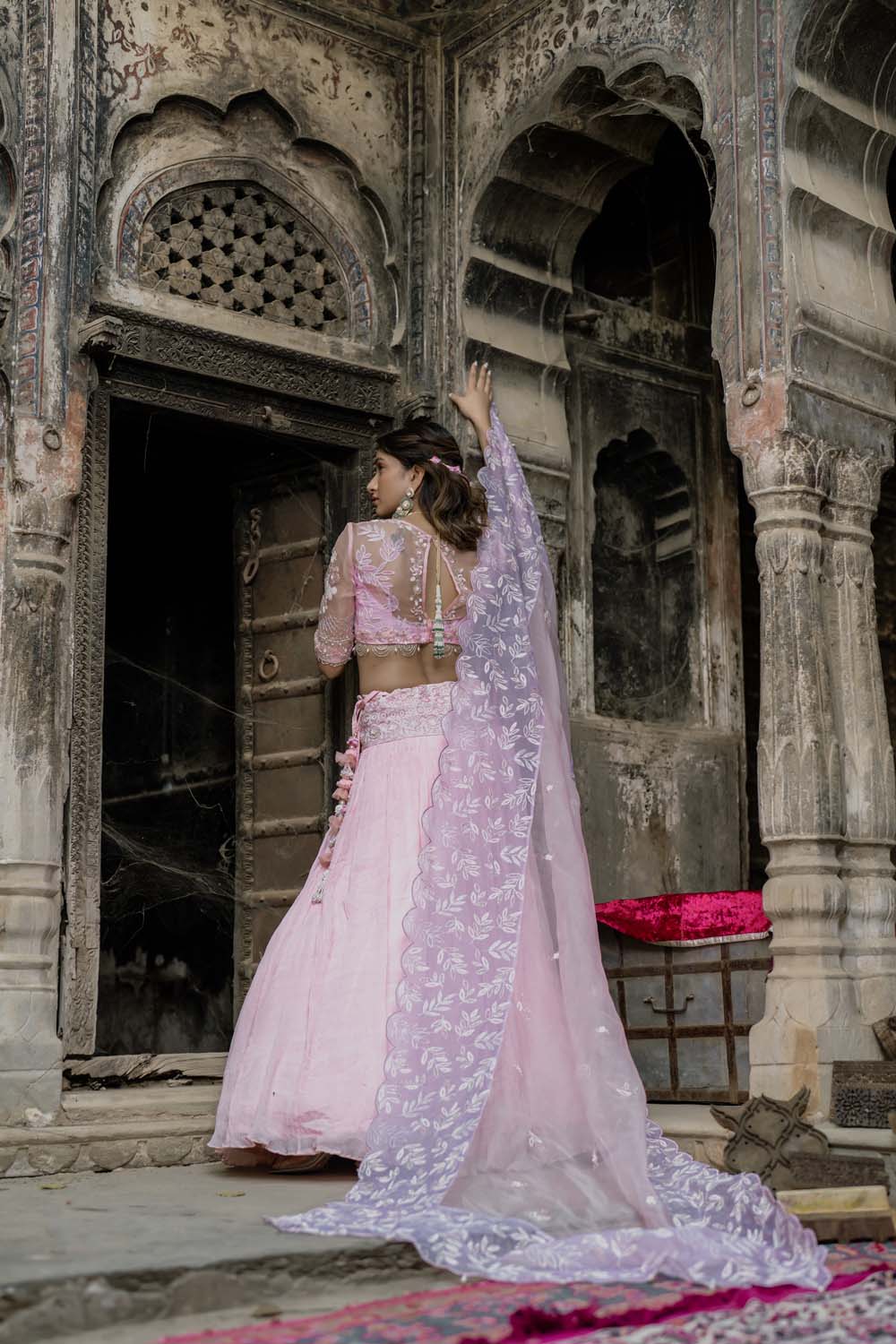 Damvri - Babypink Lahenga with Bralette and Dupatta Set