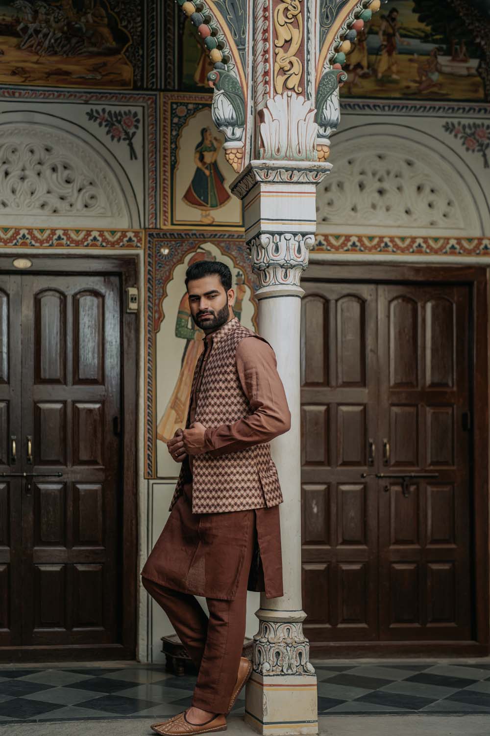 Rajiv - Rose Gold To Brown Shade Kurta Pant & Jacket Set