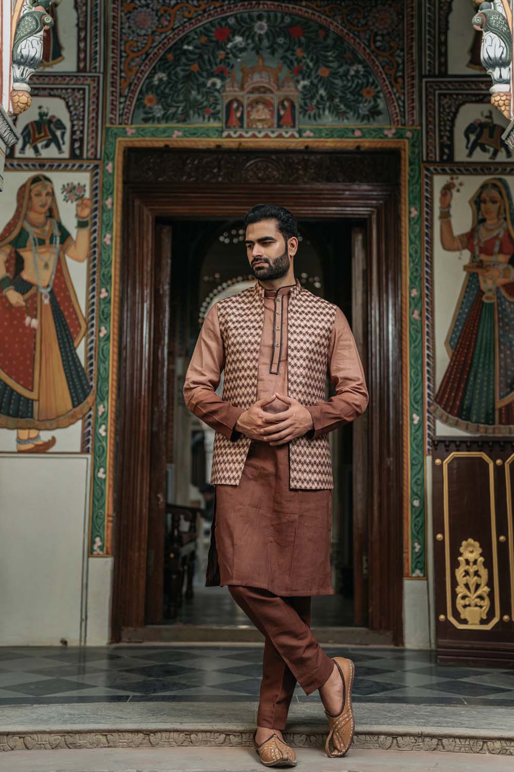 Rajiv - Rose Gold To Brown Shade Kurta Pant & Jacket Set