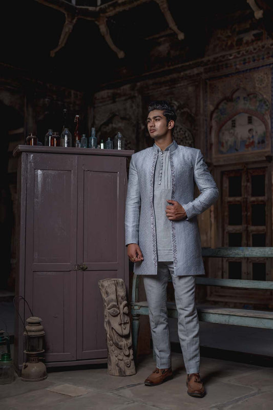 Aavedy - Steal Blue Kurta Pant and Jacket Set